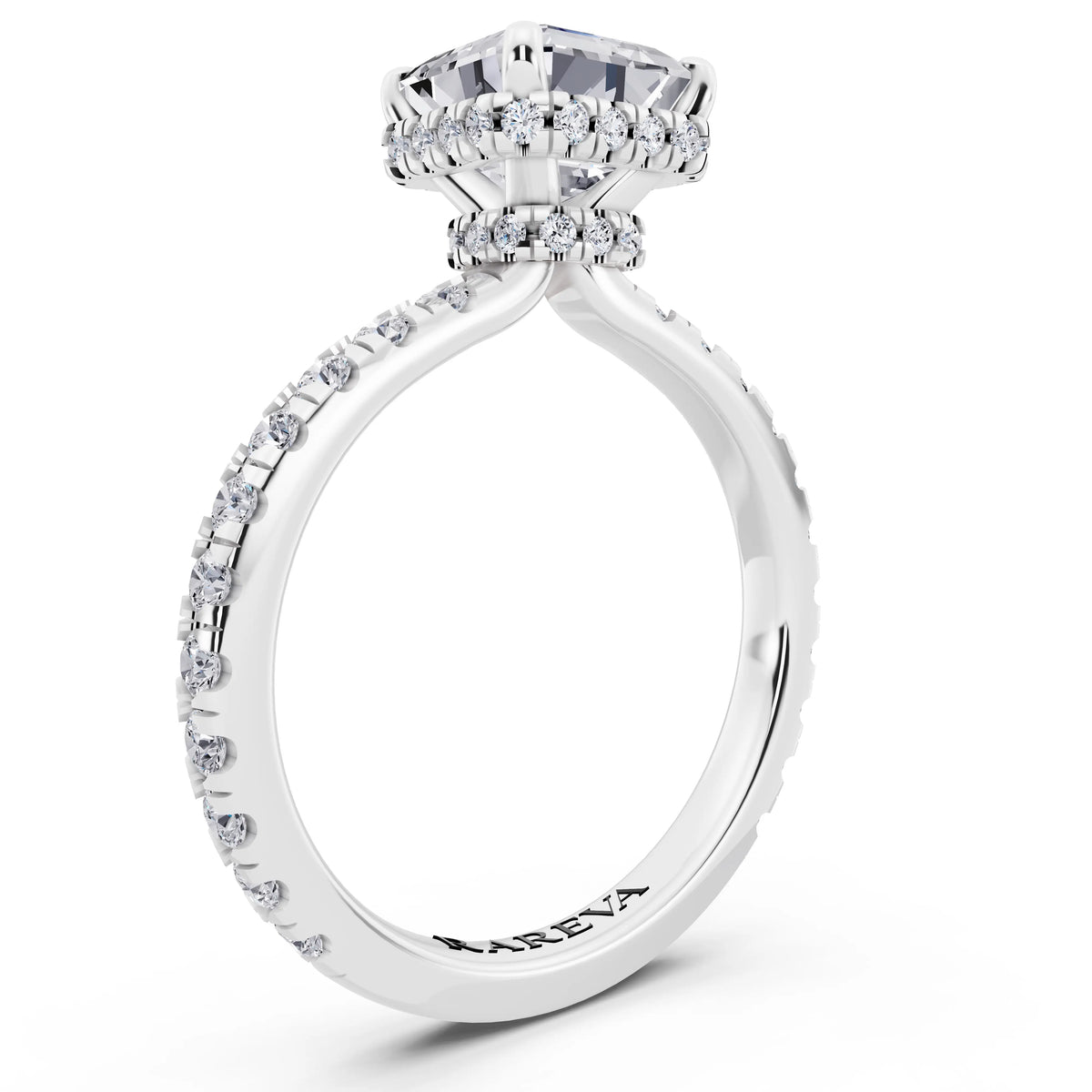 14 KT White Gold Asscher Cut Diamond Hidden Halo Ring with Pave Band - top view