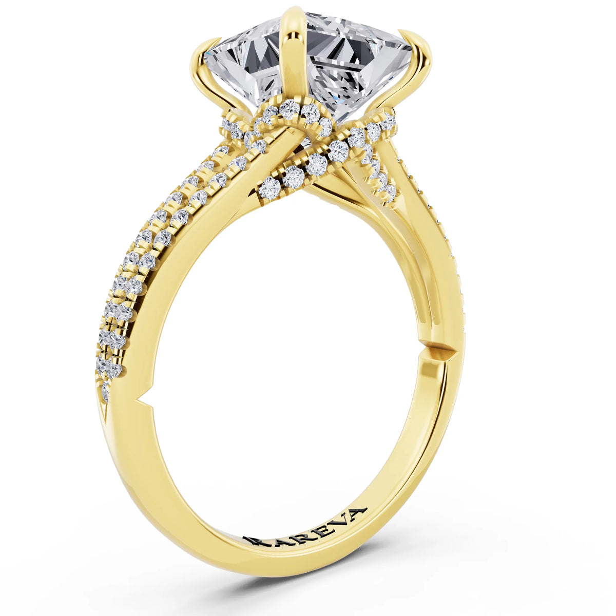 14 KT Yellow Gold Princess Cut Diamond Ring with Pavé Split Shank - top view
