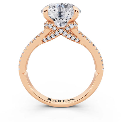 14 KT Rose Gold Round Cut Diamond Ring with Pavé Split Shank - through finger