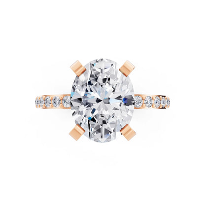 18 KT Rose Gold Oval Cut Diamond Solitaire Ring with Pave Shank - top angle