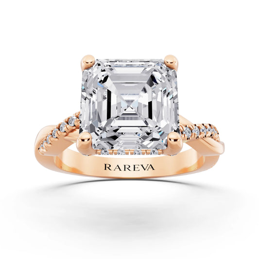 14 KT Rose Gold Asscher Cut Diamond Hidden Halo Ring with Twisted Pave Band - front view