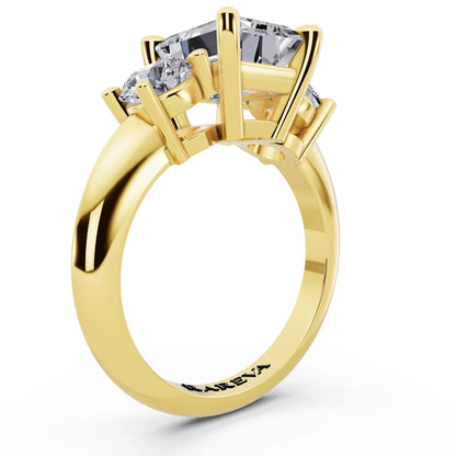 14 KT Yellow Gold Emerald Cut Diamond Three Stone Ring with Round Accents - top view