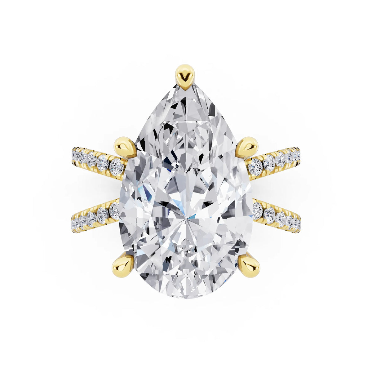 18 KT Yellow Gold Pear Cut Diamond Ring with Twisted Split Shank - top angle