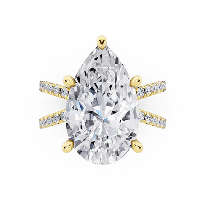 18 KT Yellow Gold Pear Cut Diamond Ring with Twisted Split Shank - top angle