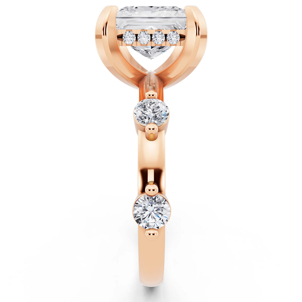18 KT Rose Gold Princess Cut Diamond Solitaire Ring with Floating Diamond Accents - side view