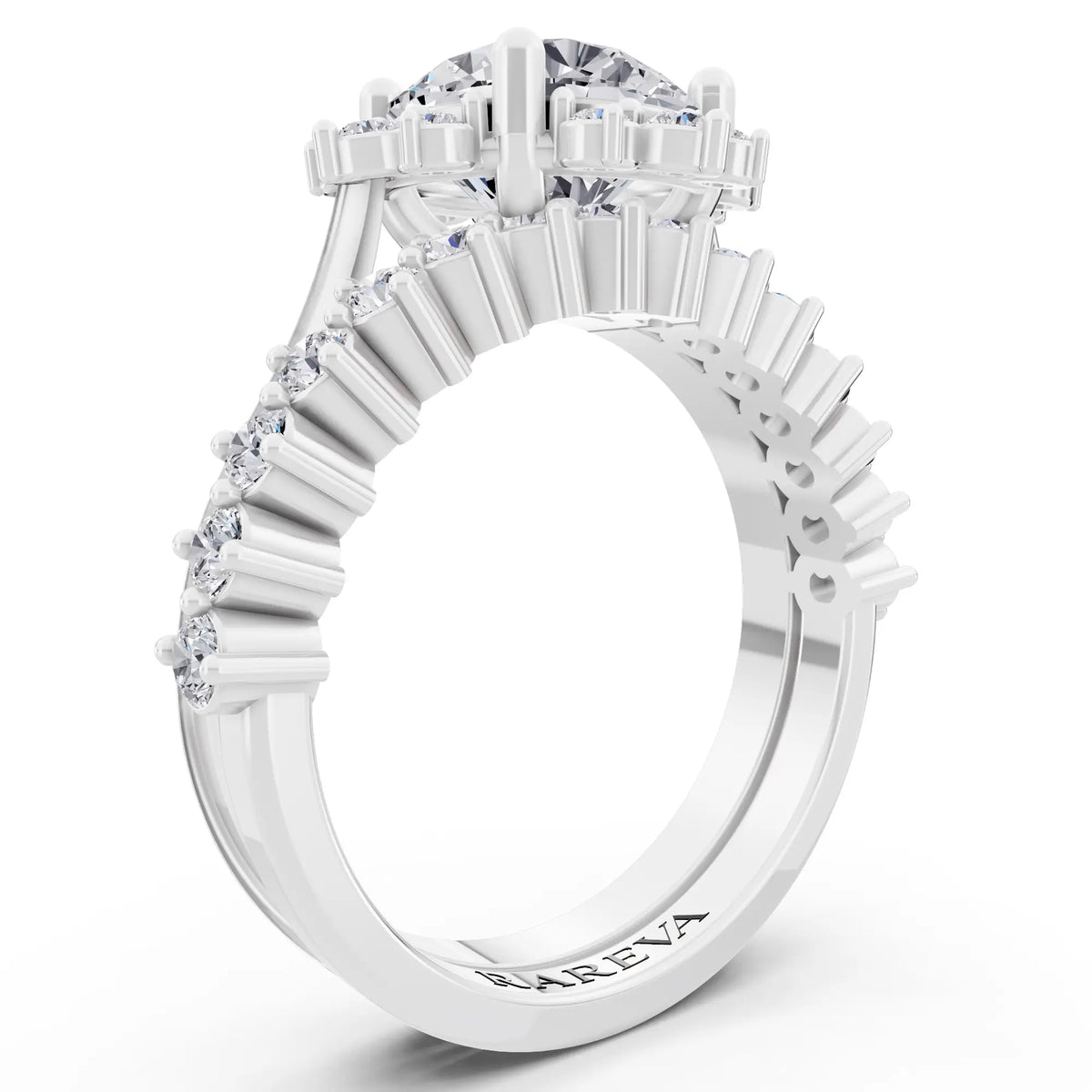 14 KT White Gold Round Cut Diamond Sunburst Halo Ring with Graduated Band - Top view