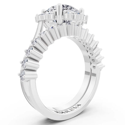 14 KT White Gold Round Cut Diamond Sunburst Halo Ring with Graduated Band - Top view