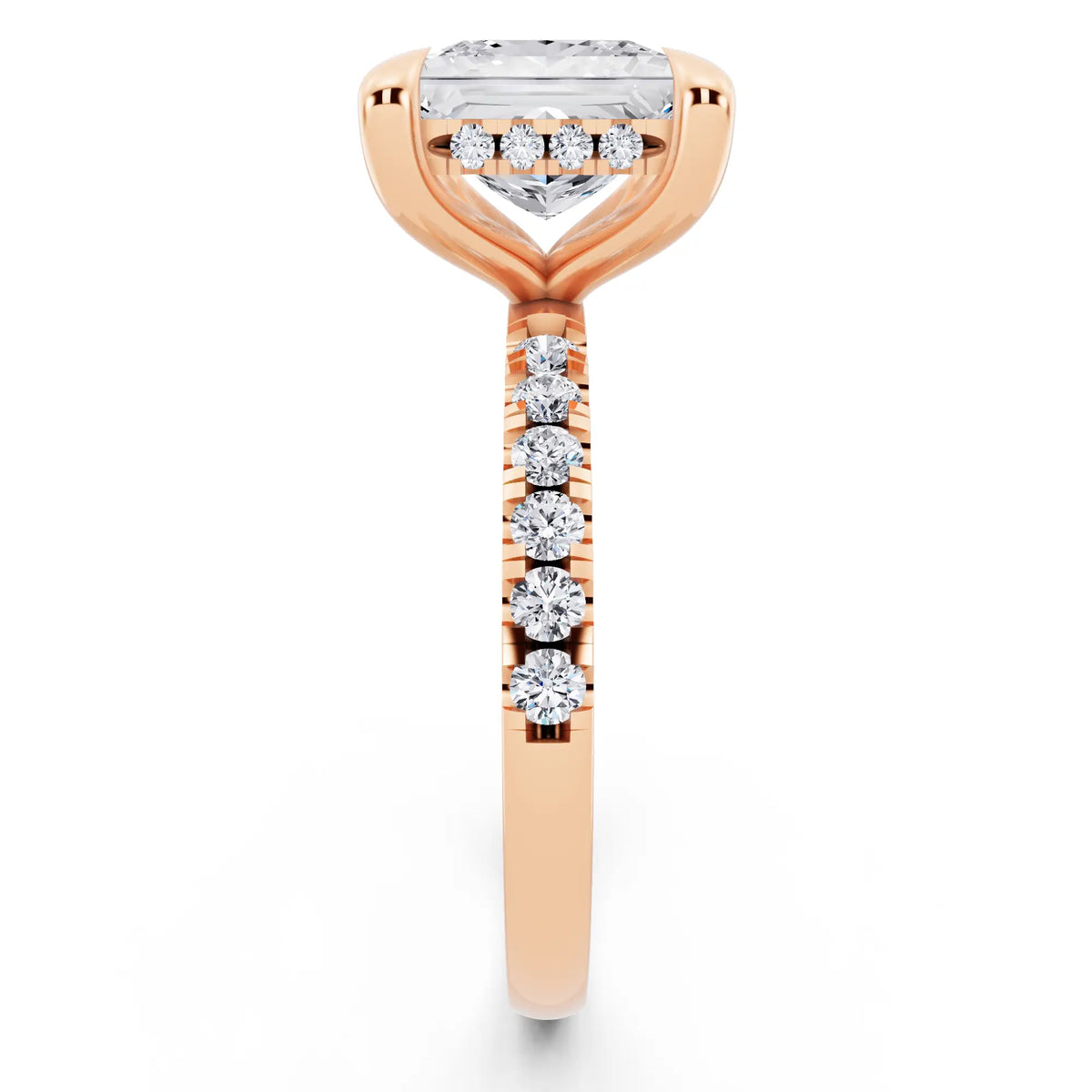 18 KT Rose Gold Princess Cut Diamond Solitaire Ring with Round Pavé Band and Prong Setting - side view