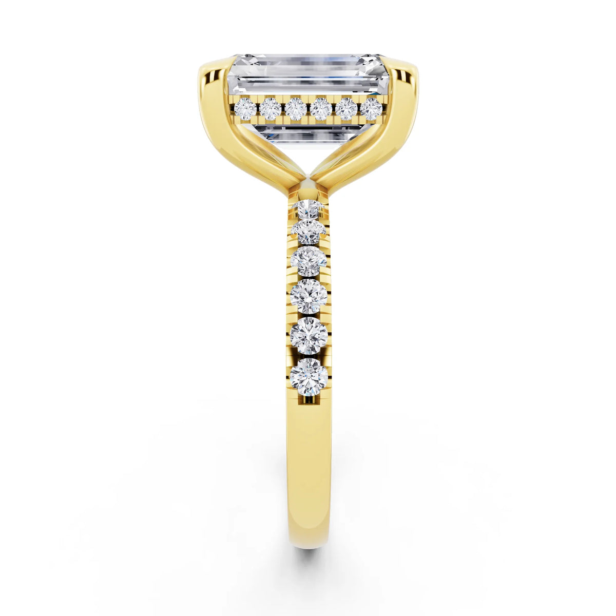 14 KT Yellow Gold Emerald Cut Diamond Solitaire Ring with Round Pavé Band and Prong Setting - side view