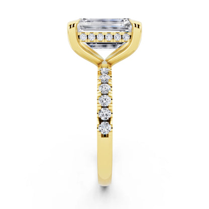 14 KT Yellow Gold Emerald Cut Diamond Solitaire Ring with Round Pavé Band and Prong Setting - side view