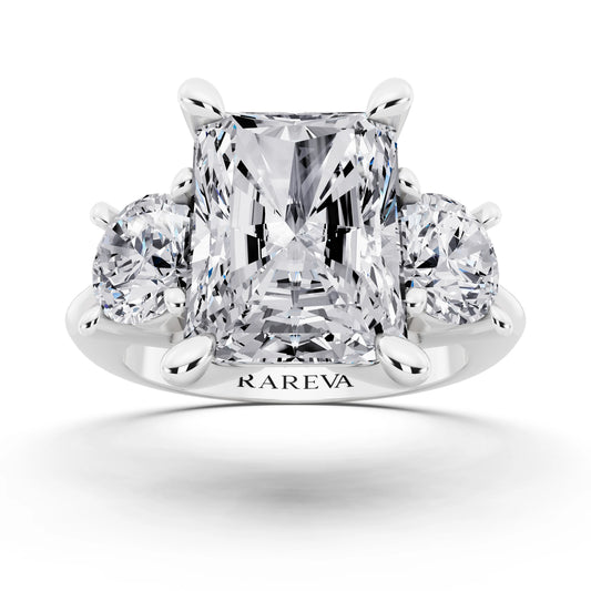 14 KT White Gold Radiant Cut Diamond Three Stone Ring with Round Accents - front view