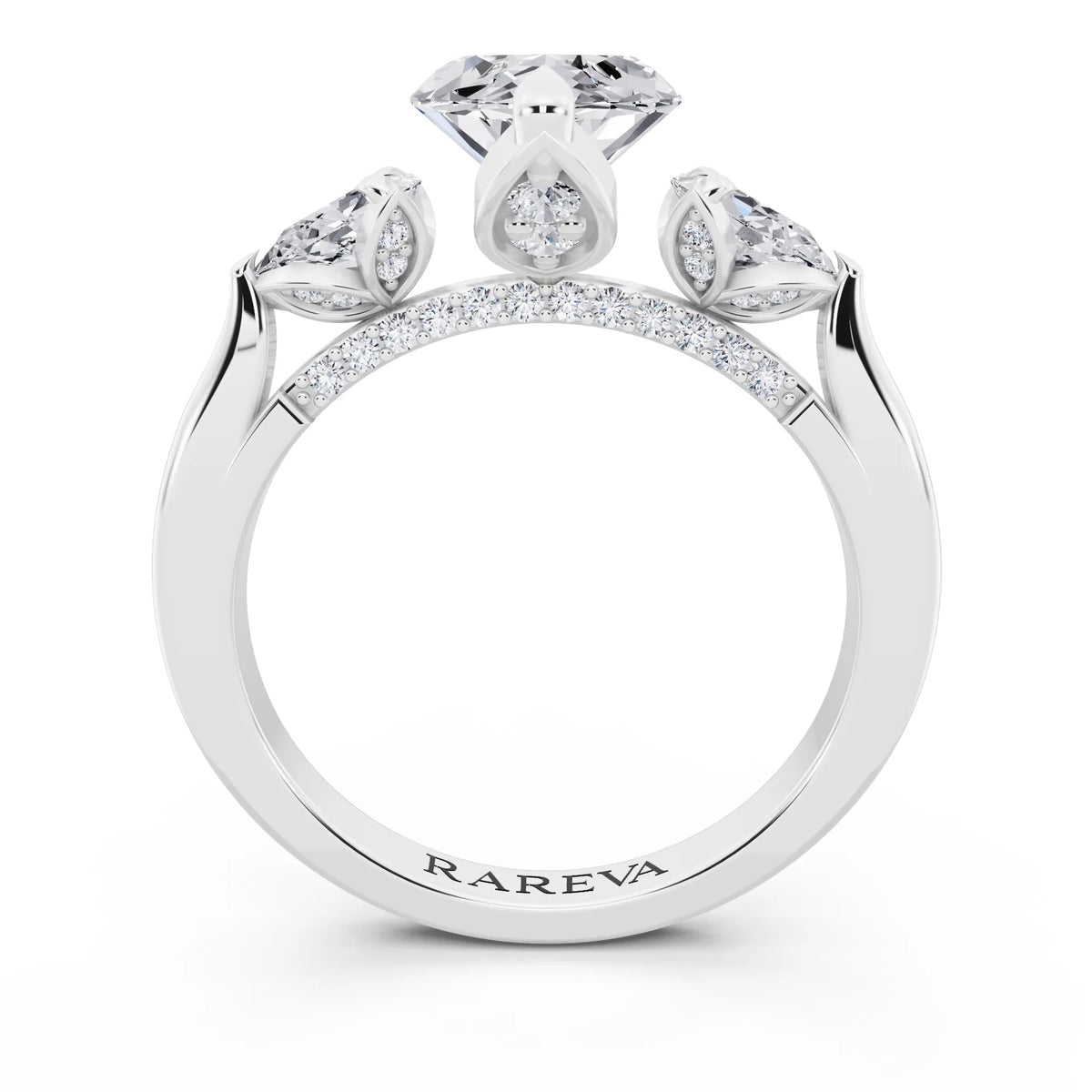 14 KT White Gold Marquise Cut Diamond Cluster Engagement Ring with Pear Accents and Pavé Band - through finger