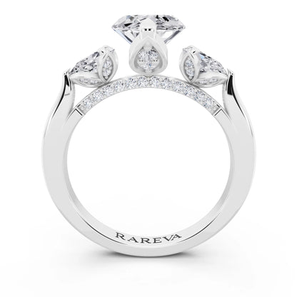 14 KT White Gold Marquise Cut Diamond Cluster Engagement Ring with Pear Accents and Pavé Band - through finger