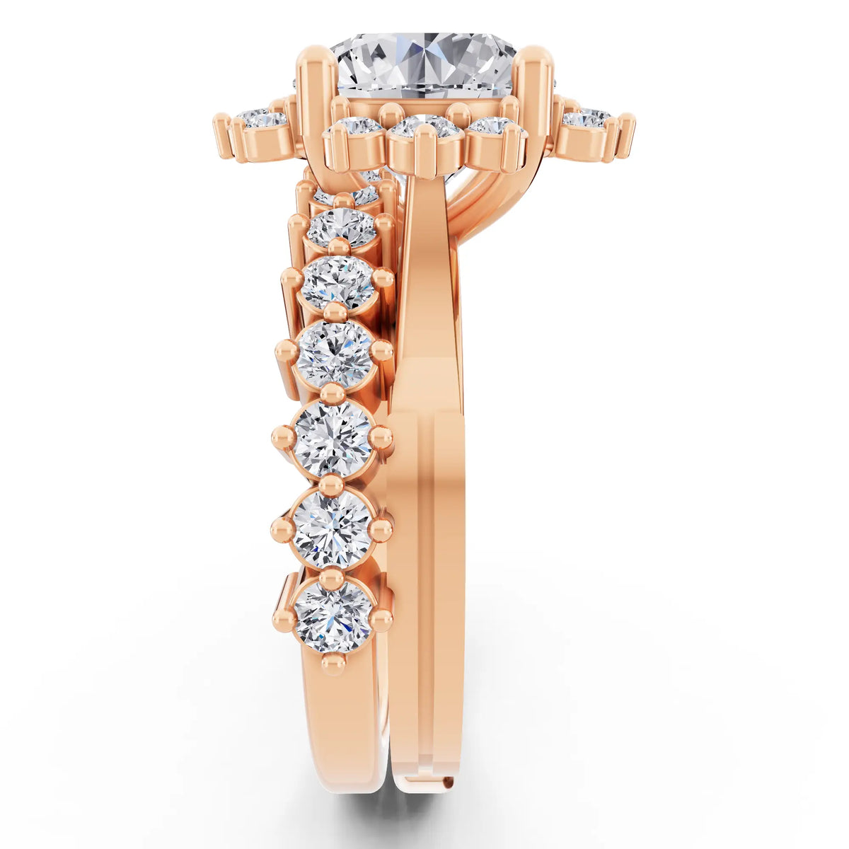 14 KT Rose Gold Round Cut Diamond Sunburst Halo Ring with Graduated Band - Side view