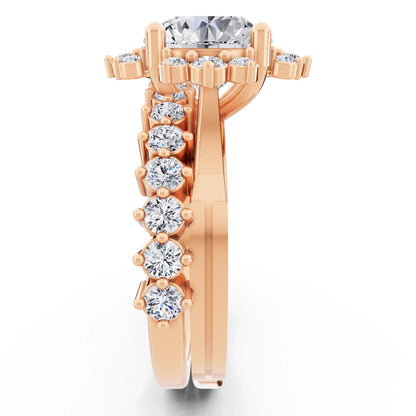 14 KT Rose Gold Round Cut Diamond Sunburst Halo Ring with Graduated Band - Side view