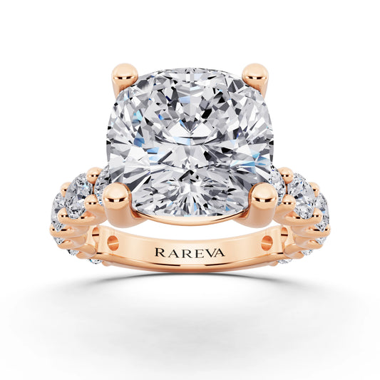 18 KT Rose Gold Cushion Cut Diamond Ring with Shared Prong Eternity Band - front view