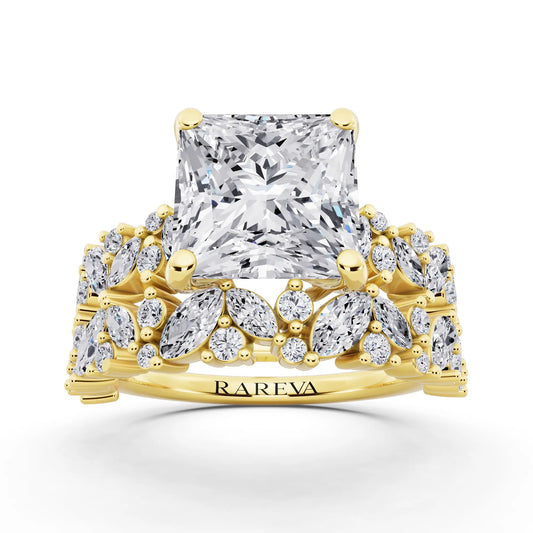 18 KT Yellow Gold Princess Cut Diamond Ring with Marquise Cluster Band - front view