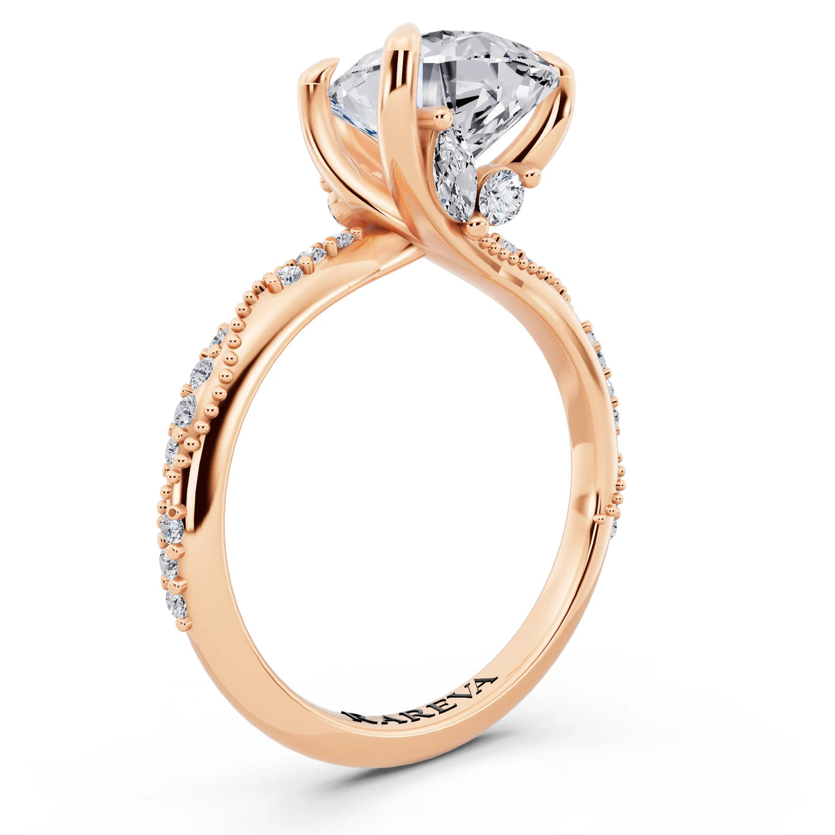 14 KT Rose Gold Pear Cut Diamond Ring with Marquise Accent - top view