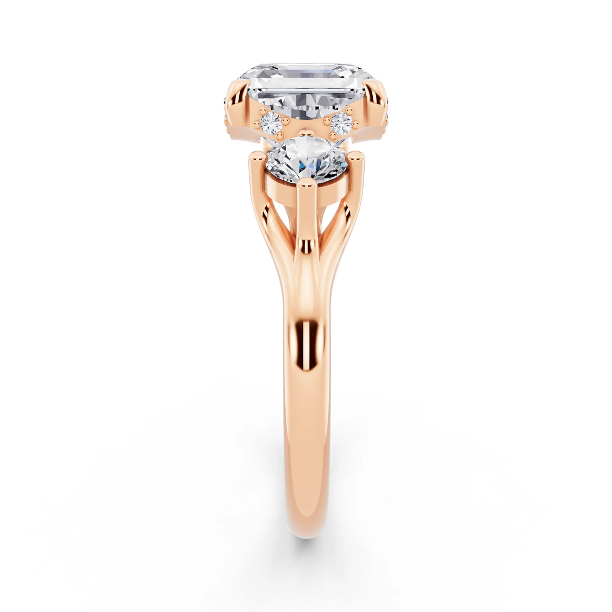 14 KT Rose Gold Asscher Cut Diamond Three Stone Engagement Ring with Hidden Halo - side view