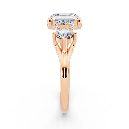14 KT Rose Gold Asscher Cut Diamond Three Stone Engagement Ring with Hidden Halo - side view