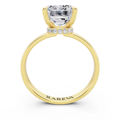 14 KT Yellow Gold Emerald Cut Diamond Solitaire Ring with Pave Collar - through finger