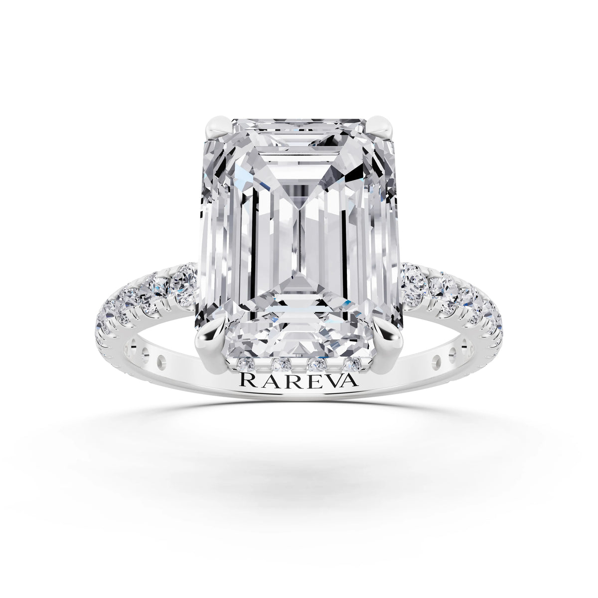 18 KT White Gold Emerald Cut Diamond Solitaire Ring with Hidden Halo and French Pave Band - front view