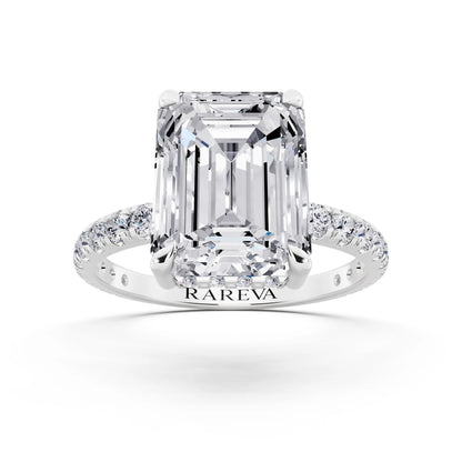 18 KT White Gold Emerald Cut Diamond Solitaire Ring with Hidden Halo and French Pave Band - front view