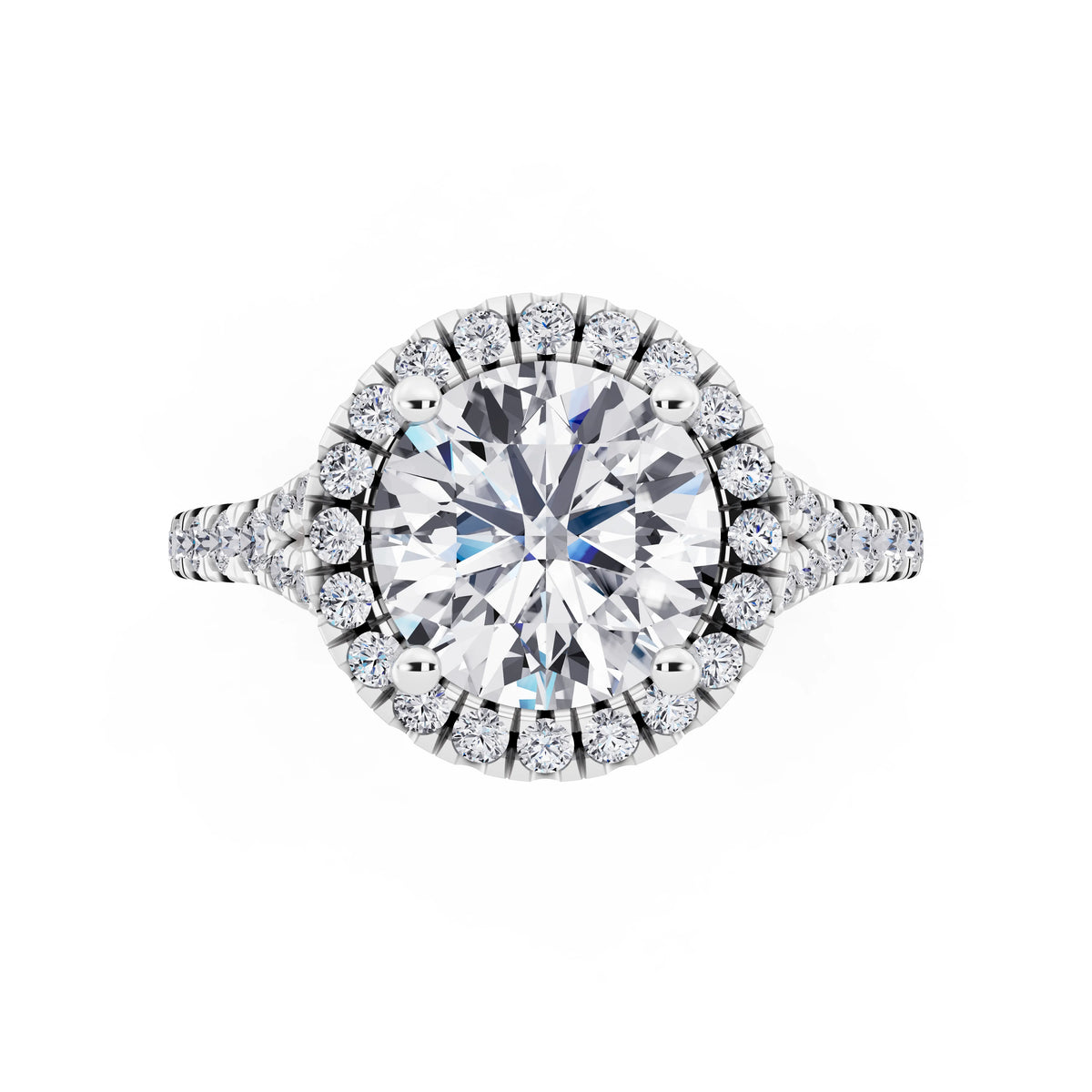 14 KT White Gold Round Cut Diamond Halo Ring with Split Shank - top angle