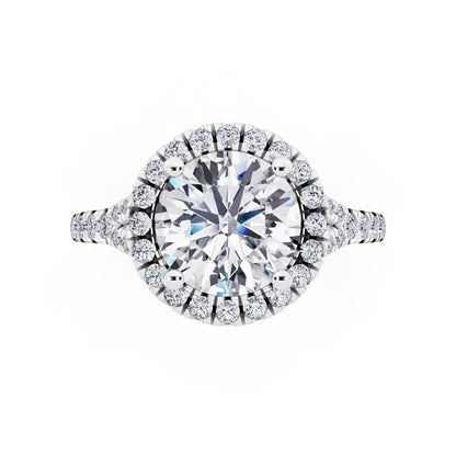 14 KT White Gold Round Cut Diamond Halo Ring with Split Shank - top angle