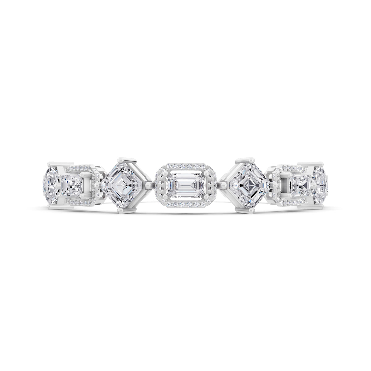 10K White Gold Square Emerald and Emerald Cut Halo Diamond Tennis Bracelet - Front
