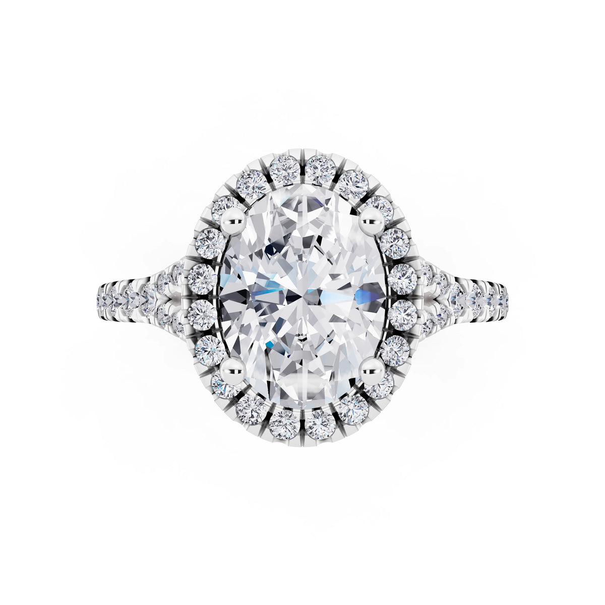 Platinum Oval Cut Diamond Halo Ring with Split Shank - top angle