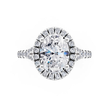 Platinum Oval Cut Diamond Halo Ring with Split Shank - top angle