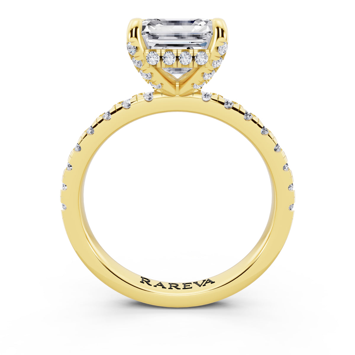 18 KT Yellow Gold Asscher Cut Diamond Hidden Halo Ring with Pave Shank - through finger