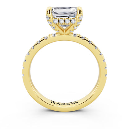 18 KT Yellow Gold Asscher Cut Diamond Hidden Halo Ring with Pave Shank - through finger