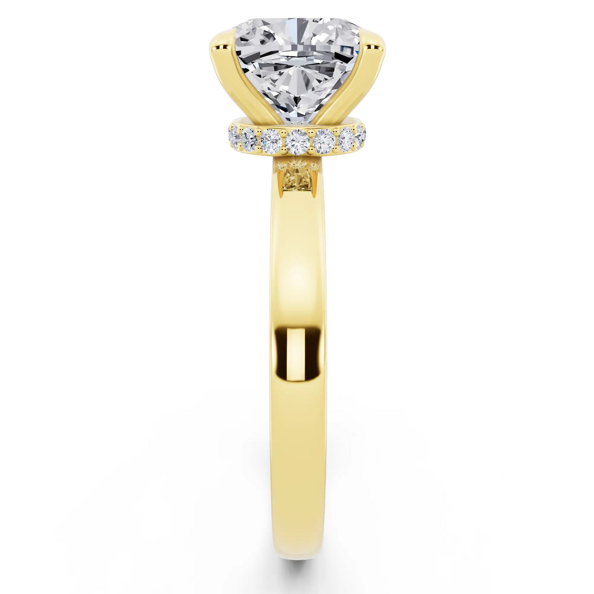 18 KT Yellow Gold Cushion Cut Diamond Solitaire Ring with Pave Collar - side view