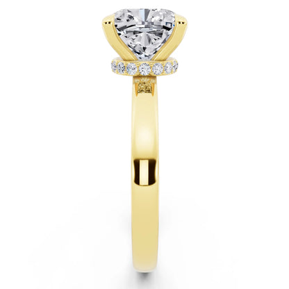 18 KT Yellow Gold Cushion Cut Diamond Solitaire Ring with Pave Collar - side view