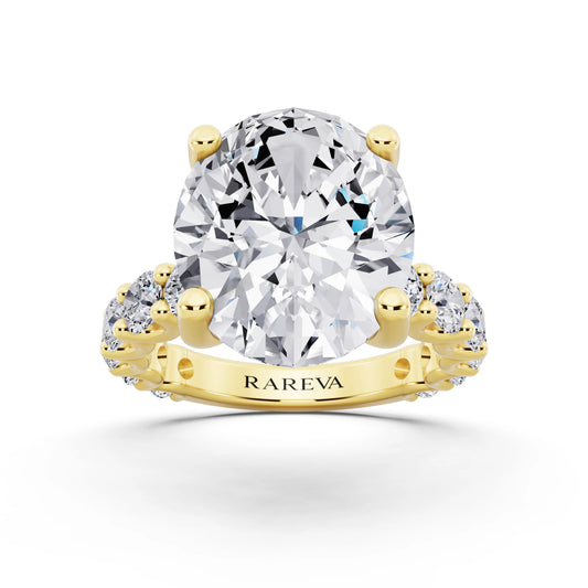 18 KT Yellow Gold Oval Cut Diamond Ring with Shared Prong Eternity Band - front view