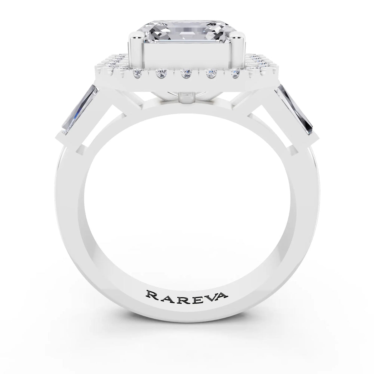 18 KT White Gold Asscher Cut Diamond Halo Ring with Baguette Accents - through finger