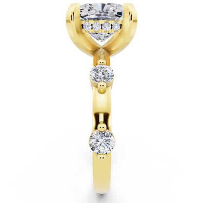 18 KT Yellow Gold Cushion Cut Diamond Solitaire Ring with Floating Diamond Accents - side view