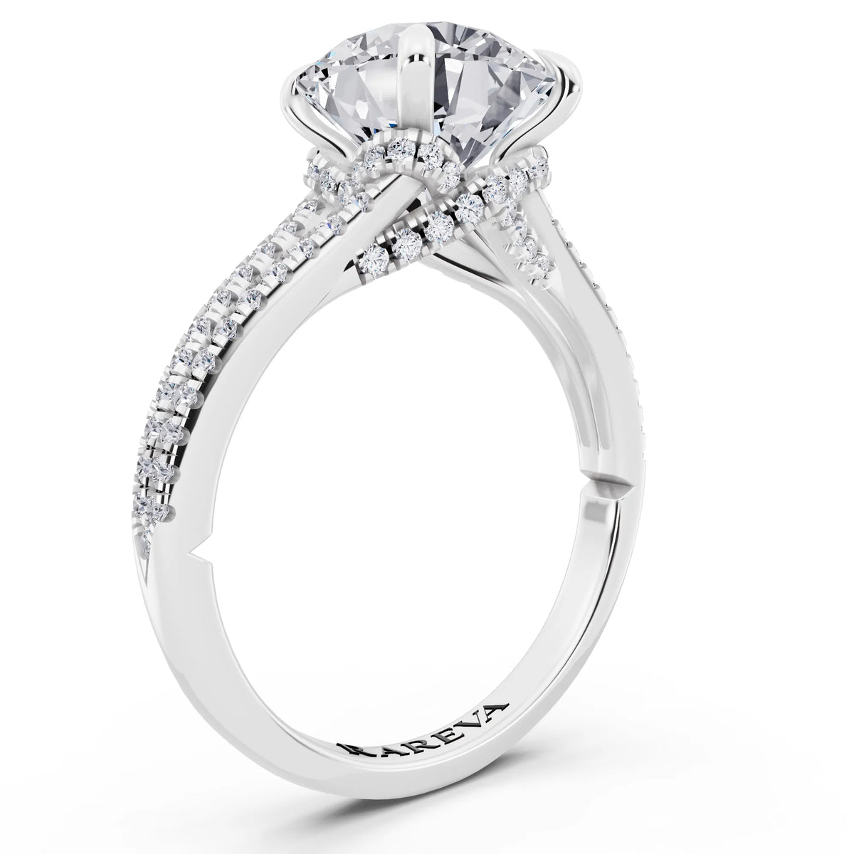 18 KT White Gold Round Cut Diamond Ring with Pavé Split Shank - top view