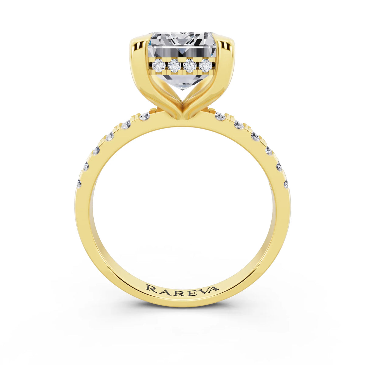 14 KT Yellow Gold Emerald Cut Diamond Solitaire Ring with Round Pavé Band and Prong Setting - through finger