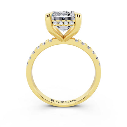 14 KT Yellow Gold Emerald Cut Diamond Solitaire Ring with Round Pavé Band and Prong Setting - through finger