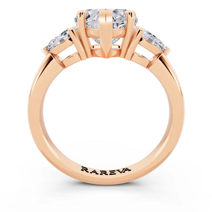 14 KT Rose Gold Heart Cut Diamond Three Stone Pear Accent Ring - through finger