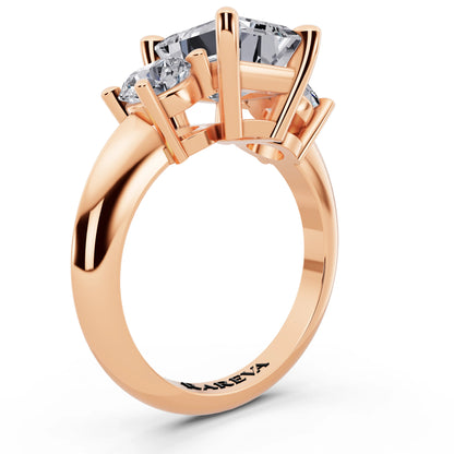 14 KT Rose Gold Emerald Cut Diamond Three Stone Ring with Round Accents - top view