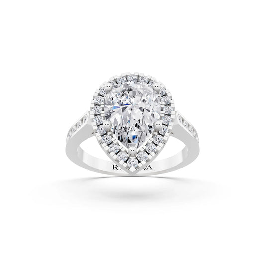 14 KT White Gold Pear Cut Diamond Halo Ring with Bezel Accent Band - front view