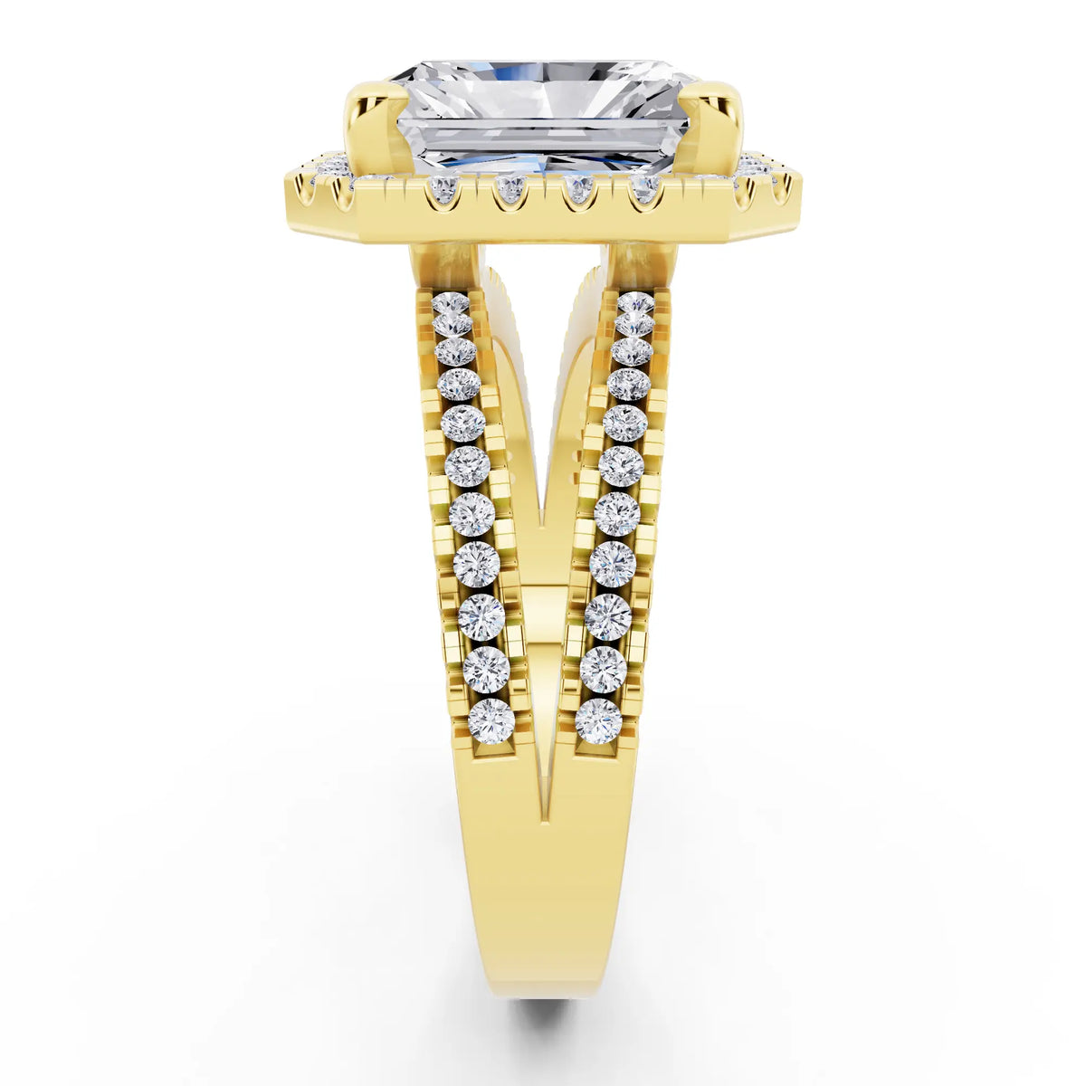 18 KT Yellow Gold Radiant Cut Diamond Halo Ring with Pave Split Shank - side view