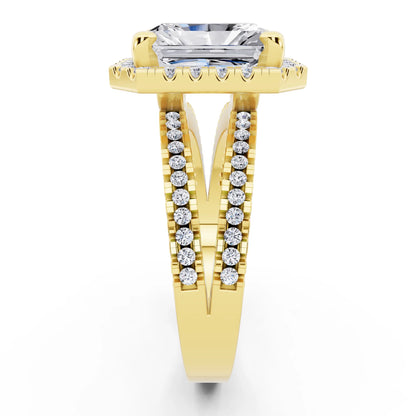 18 KT Yellow Gold Radiant Cut Diamond Halo Ring with Pave Split Shank - side view