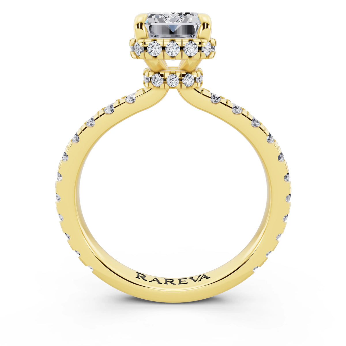 18 KT Yellow Gold Emerald Cut Diamond Hidden Halo Ring with Pave Band - through finger