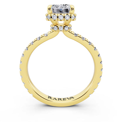 18 KT Yellow Gold Emerald Cut Diamond Hidden Halo Ring with Pave Band - through finger