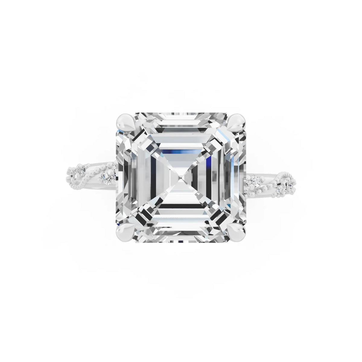 Platinum Asscher Cut Diamond Ring with Marquise Accent - top angle